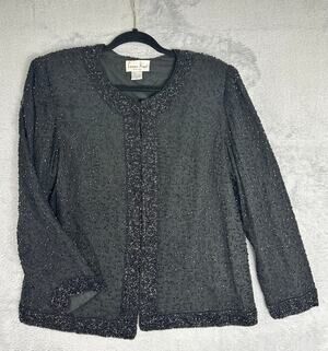 Vintage‎ Laurence Kazar XL 100% Silk Black Beaded Evening Jacket Coat Top